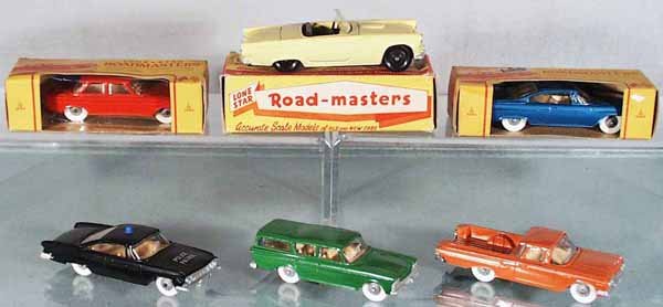 6 LONE STAR ROAD-MASTERS AUTOS: die cast, 1470 Corvair, Thunderbird, 1475 Dodge Dart, 1477 Dodge Dart Police Car, 1471 Rambler, 1474 El Camino, 3 orig boxes only, C7-9.