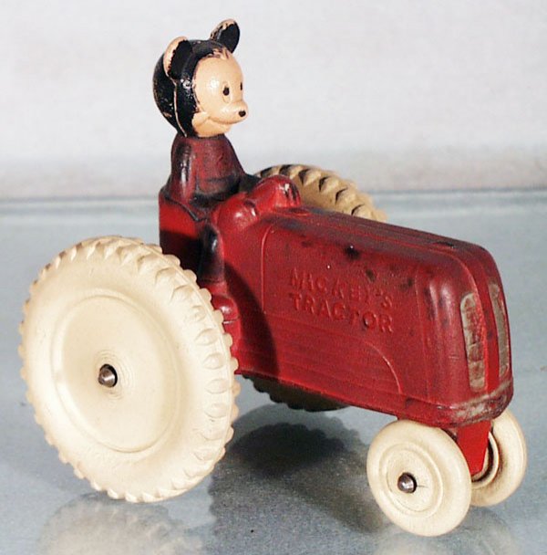 SUN RUBBER MICKEY MOUSE TRACTOR: painted rubber, 4 3/4 in long, C5.
