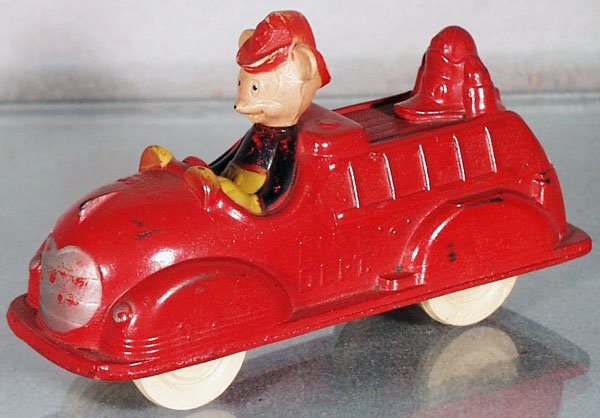 SUN RUBBER MICKEY MOUSE FIRE TRUCK: painted rubber, 6 1/2 in long, C6.