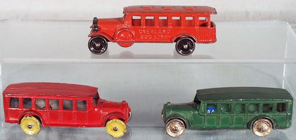 3 TOOTSIETOY BUSES: 4680 red Overland Bus, 4651 green Safety Coach, w/English Crescent copy of Safety Coach in red, C5-6.