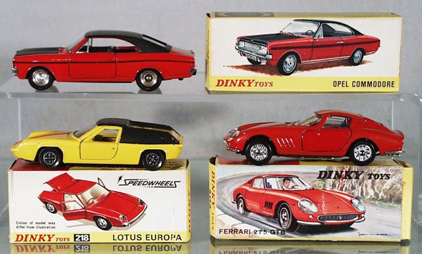 3 DINKY VEHICLES: 1420 Opel Commodore, 218 Lotus Europa, 506 Ferrari GTB, orig boxes minor wear, C7-8.