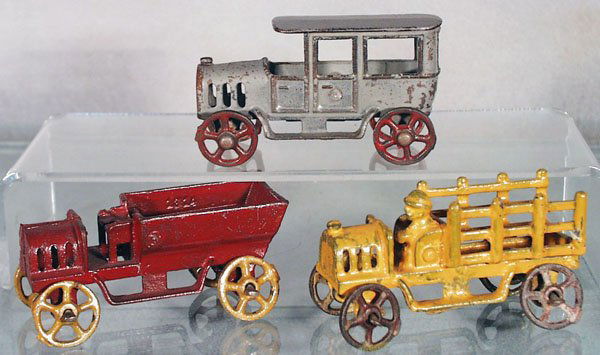 3 HUBLEY VEHICLES: painted cast iron, all are 4 in long, Limousine, some touch up, Coal Truck, missing driver, Automotive Dray, touched up, C3-6.