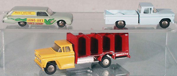 3 HUBLEY REAL TOYS VEHICLES: 60 Ford Delivery, edges of decals chipping, 60 Chevrolet Pick Up, Chevrolet Beverage Truck, all from 1961 only, C8.