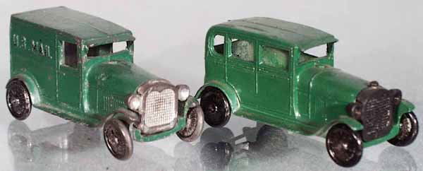 2 TOOTSIETOY MODEL A FORDS: US Mail Truck, 6665 Sedan, both green, some playwear, C5.