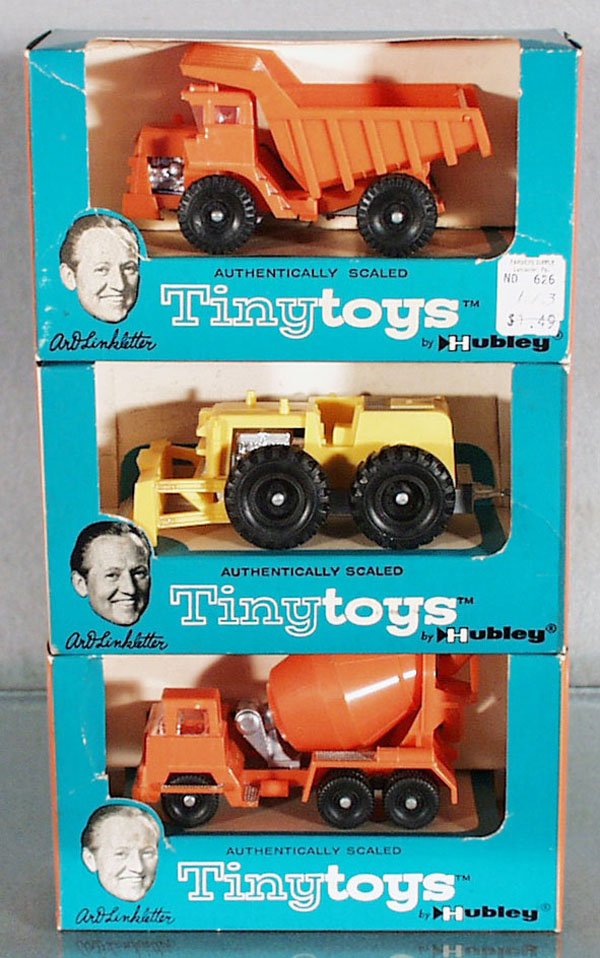 3 HUBLEY TINY TOYS TRUCKS: plastic & die cast, each 4 in long, 626 Haul Pak Dump Truck, 627 Tournatractor, 628 Concrete Mixer Truck, orig boxes minor wear, C9.