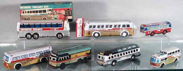 7 TIN BUSES: 6 are from Japan, 1 unmarked, 4 1/4 to 7 in long, all are friction, some not working, some playwear, 1 orig box only, 1 sealed in orig store bag, C4-10.