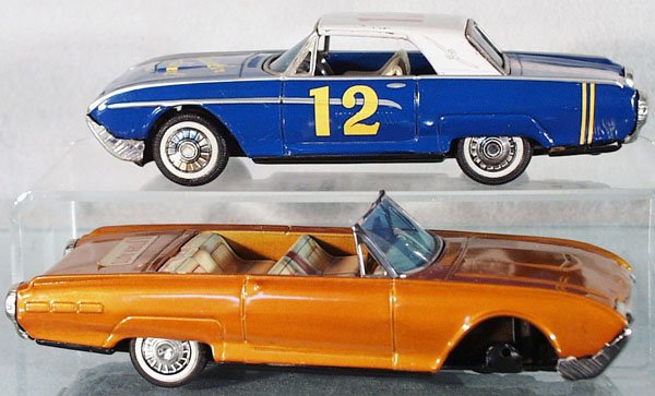 2 BANDAI FORD THUNDERBIRDS: litho tin, #12 Race Car, crayon marks on bottom, friction works sluggishly, U-Turn Auto, friction working, missing both front wheels, C7-8.