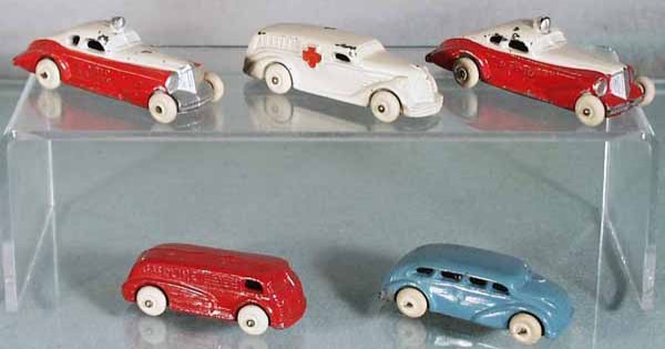 5 BARCLAY VEHICLES: slush die cast, 2 Radio Police Autos, Ambulance, these are 3 1/2 in long, Gasoline Van, Bus, 3 in long, some paint chipping, C5-7.