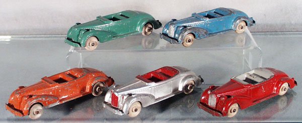 5 HUBLEY 436 PACKARD ROADSTERS: die cast, w/litho tin chassis, 1 chassis rusted, each 5 1/2 in long, C4-5.