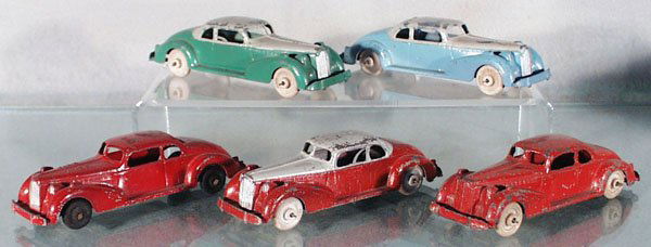5 HUBLEY 437 PACKARD COUPES: die cast, w/litho tin chassis, 1 is a Fire Chief car, each 5 1/2 in long, C4-5.