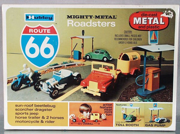 HUBLEY 23116 ROUTE 66 SET: plastic & die cast, unassembled, contains toll booth, gas pump & 5 vehicles, orig box minor wear, C9.