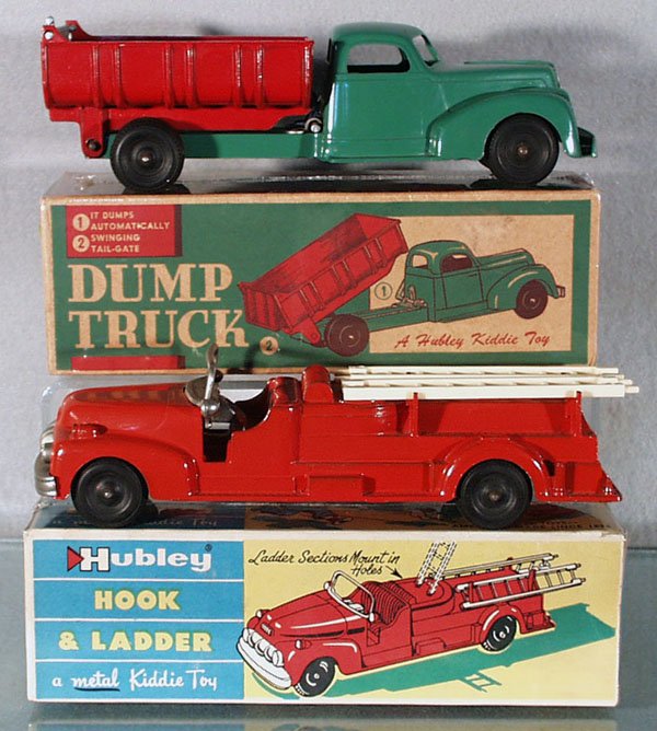 2 HUBLEY TRUCKS: painted die cast, 476 Dump Truck, 9 1/2 in long, 471 Fire Hook & Ladder, 9 in long, orig boxes, C8-9.