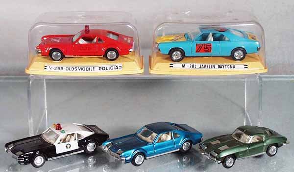 5 PILEN AUTOS: made in Spain, die cast, 298 Olds Fire Police, 280 Javelin Daytona, 298 Olds Police, 307 Olds Toronado, 300 Corvette, C8-10.