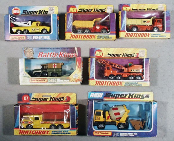 7 MATCHBOX VEHICLES: Super Kings K11, K19, K4, K12, K7, K26, Battle King K112, orig boxes some wear & 1 window cellophane crumbled, C8-9.