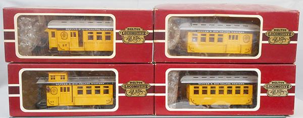 4 DELTON D&RG TRAINS: G ga, 2264 Rail Bus, 3210 combine, 3210 coach, 4274 caboose, orig boxes & inserts minor wear, C7-8.