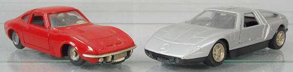 2 SCHUCO AUTOMATIC RACERS: 1048 Opel GT, red plastic body, 351 132 Mercedes C111, silver die cast body, both have opening doors, windups working, orig 1960s issues, C7-8.