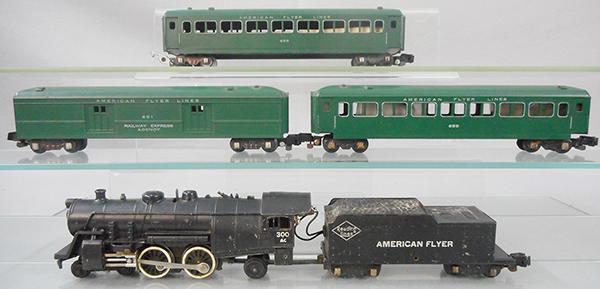 AMERICAN FLYER TRAIN SET: S ga, 300AC Atlantic loco & tender, 651 baggage, 2 #655 Pullmans, missing window trim, set has conversion couplers, C6.