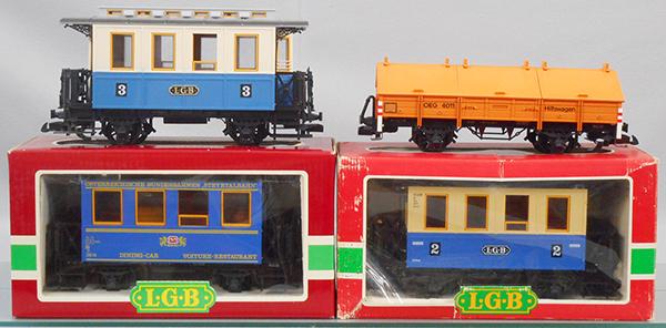 4 LGB TRAINS: G ga, 3015 3rd class coach, 4011 OEG flat w/hatches, 3013 diner, 3012 2nd class coach, 2 orig boxes only, 1 box worn, C7-9.