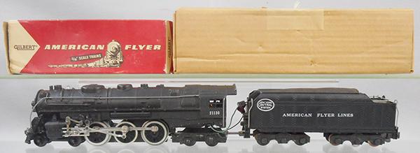 AMERICAN FLYER 21130 HUDSON LOCO & TENDER: S ga, 21130 loco w/smoke & choo choo, w/tender, orig boxes marked XA-15N547-Y Hudson Loco & XA14N835-Y Hudson Tender, tender box worn, C8.