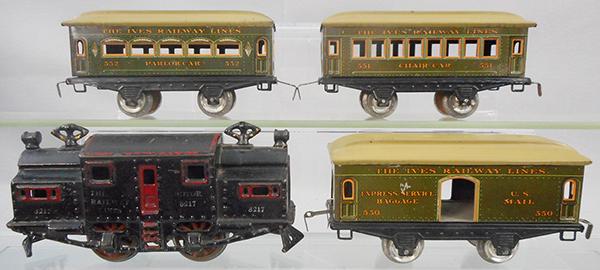 IVES TRAIN SET: O ga, painted cast iron, 3217 loco, lettering worn, 550 baggage, 551 chair car, 552 parlor car, ca 1916, C6-7.