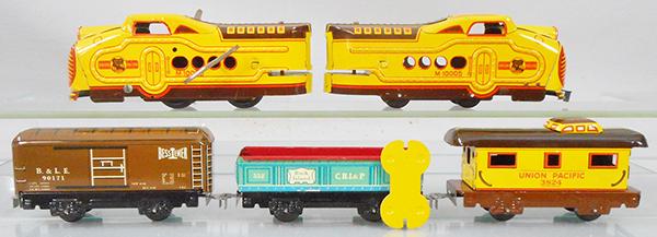 MARX 766 TRAIN SET: O ga, litho tin, M10005 UP diesel AA, windup working, w/dog bone connector, 3 freight cars, orig set box & dividers, top worn & taped, C8.