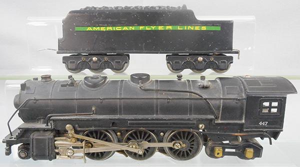 AMERICAN FLYER 44 HUDSON LOCO & TENDER: O ga, 447 loco, die cast front truck wheels fatiguing, 1623 tender, w/touch up spots, C7-8.