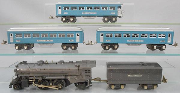 LIONEL TRAIN SET: O ga, 1664E loco, missing 1 jewel, 1689W tender, 2 #1630 Pullmans, 1631 obsv, orig boxes worn & incom, C6-7.