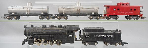 AMERICAN FLYER TRAIN SET: S ga, 342 switcher loco & tender w/smoke & choo choo, 2 #625 Shell tanks, 638 caboose, C5-7.