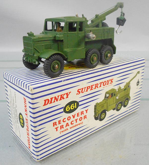 DINKY 661 RECOVERY TRACTOR: green, truck does not have windows, orig box & insert minor wear, box printed "with windows", C9.