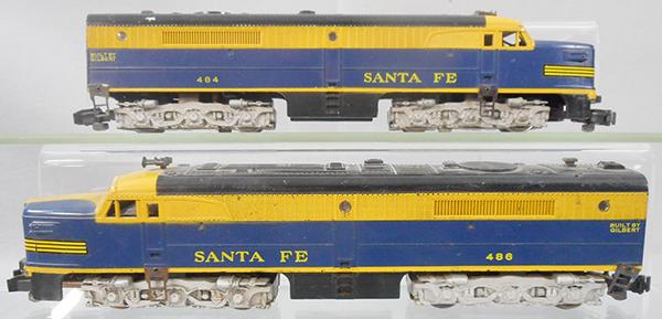 AMERICAN FLYER SANTA FE PA DIESELS: S ga, 484 power A loco, 486 dummy A, both have oxidation on steps, minor nose decal wear, C6-7.