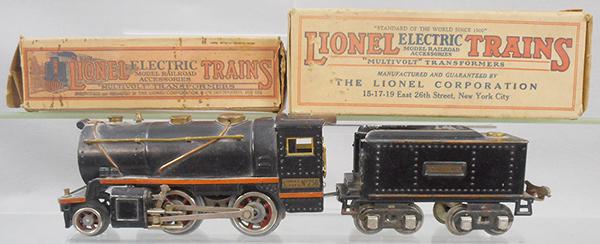 LIONEL 258 LOCO & TENDER: O ga, 258 loco, 258T tender, orig boxes & inserts for 257 & 257T, boxes worn, C6-7.