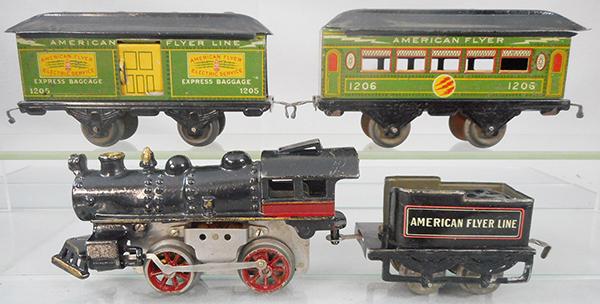 AMERICAN FLYER 1200 TRAIN SET: O ga, painted cast iron, 1094 electric loco, without headlight, 120 tender, 1205 baggage, 1206 coach, ca 1918-1924, C5-7.