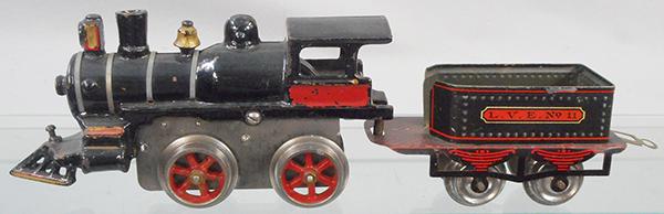 IVES 11 LOCO & TENDER: O ga, painted cast iron, 11 loco, without brake, windup not working, LVE 11 tender w/hoop coupler, ca 1906, C7-8.
