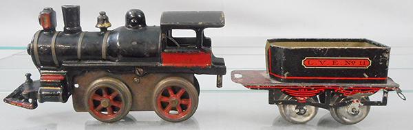 IVES 11 LOCO & TENDER: O ga, 11 loco, painted cast iron, windup working, LVE 11 tender w/hoop coupler, ca 1906, C6-7.