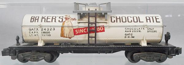 AMERICAN FLYER 24323 BAKERS CHOCOLATE TANK: S ga, 1st version, C7-8.