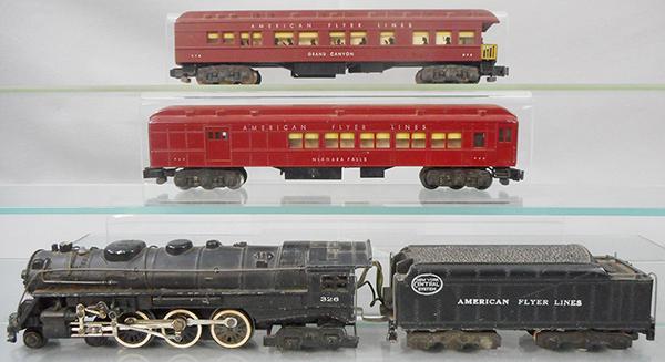 AMERICAN FLYER TRAIN SET: S ga, 326 Hudson loco & tender w/smoke & choo choo, 953 Niagara Falls combine, 978 Grand Canyon action obsv, C6-7.