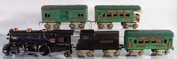 AMERICAN FLYER TRAIN SET: O ga, 423 loco, decals chipped, 3194 tender, 3150 baggage, 3161 coach, 3161 obsv, set has playwear & scratches, C4-5.