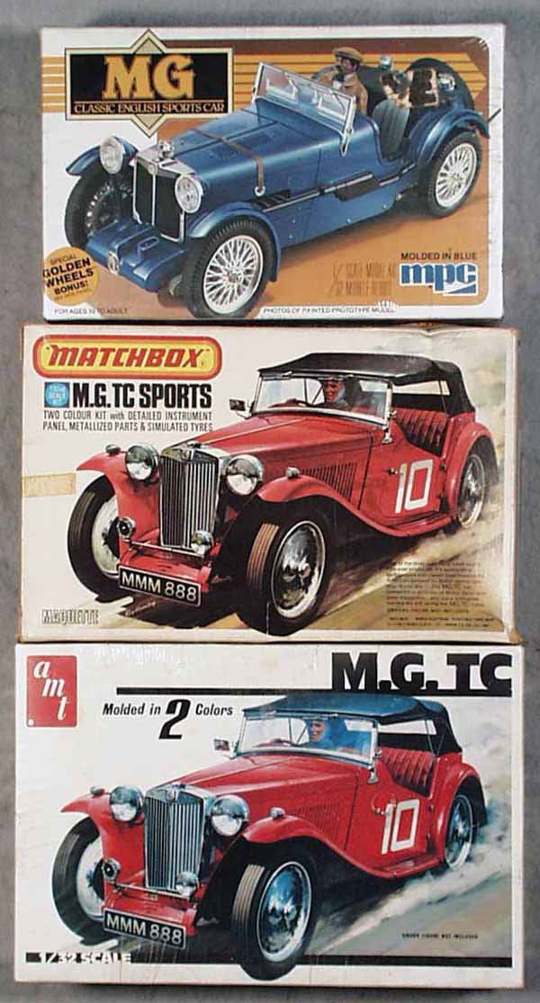 3 MG MODEL KITS: plastic, MPC MG, 1982, orig box still sealed in shrinkwrap; Matchbox PK-306 MG, 1977, parts still attached to trees, orig box minor wear & store tape; AMT MG TC, 1979, orig box still sealed in shrinkw