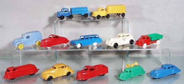 12 PLASTIC VEHICLES: manufacturers include Wannatoys, Ideal, Thomas, Allied, the cab has playwear, C5, the rest are C6-9.