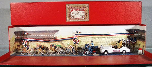 MIGNOT TOUR DE FRANCE DIORAMA: all pieces have been reglued onto box, orig box minor wear, 22 1/2" long, C7-8.
