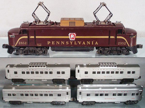LIONEL TRAIN SET, O ga, 2352 PA EP5: crack on nose repaired, 2434 Newark, 2 #2432 Clifton vista domes, 2436 Mooseheart obsv, C5-6.