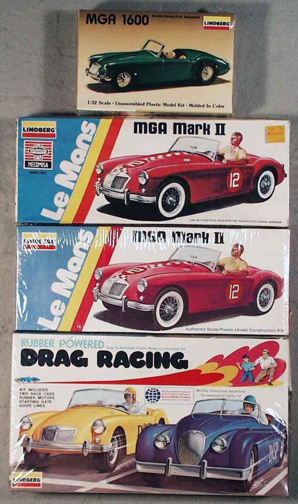 4 LINDBERG MG MODEL KITS: MGA 1600, 1987; 2 MGA Mark II, 1975; rubber-powered Drag Racing Kit w/2 Race Cars, 1976; all 4 orig boxes factory sealed in shrinkwrap, C10.