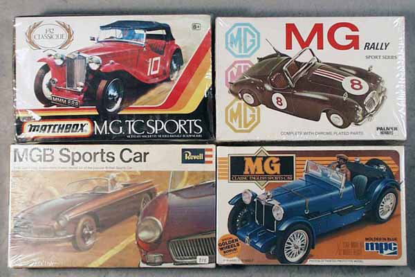 4 MG MODEL KITS: Matchbox MG TC Sports, 1989; Palmer Hobbies MG Rally; Revell MGB Sports Car, 1968, MPC MG, 1982, all orig boxes factory sealed in shrinkwrap, C10.