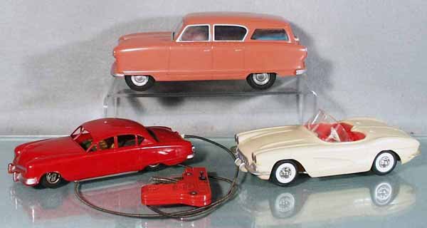 3 PLASTIC CARS: JYE of Spain Nash, 9" long; Gama Kaiser, 8 1/4" long, remote control steering not working; Arnold Corvette, 8 1/4" long, windshield has old glue repair, friction working, C5-6.