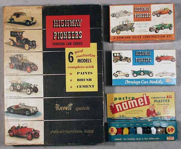 3 REVELL MODEL KITS: made for English market, Highway Pioneers series 1 MG, partially built, appears complete, w/instructions, orig box; Highway Pioneers series 4 MG, pieces still sealed in orig bag, orig box has price ta