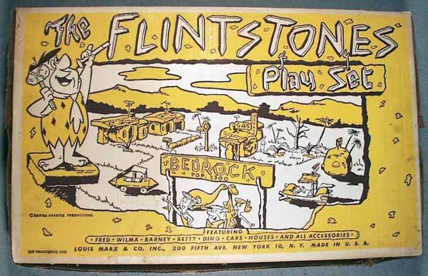 MARX 4672 FLINTSTONES PLAY SET: complete, plastic, some pieces have play wear, some orig parts bags, orig box & insert has some tears on sides where staples where removed, C7-9.