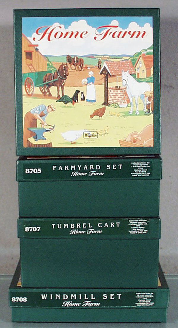 4 BRITAINS HOME FARM SETS: 8705 Farm Yard, 8706 Forge, 8707 Tumbrel Cart, 8708 Windmill, complete, orig boxes, C9-10.