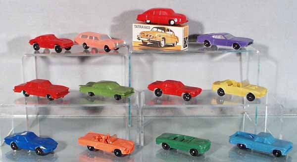 12 RUBBER VEHICLES: Corvettes, T-Birds, '59 Chevy, El Camino, Firebird, Buick Riviera, Mustang, Mercury Station Wagon, Tatra 603, 1 orig box only, C7-9.