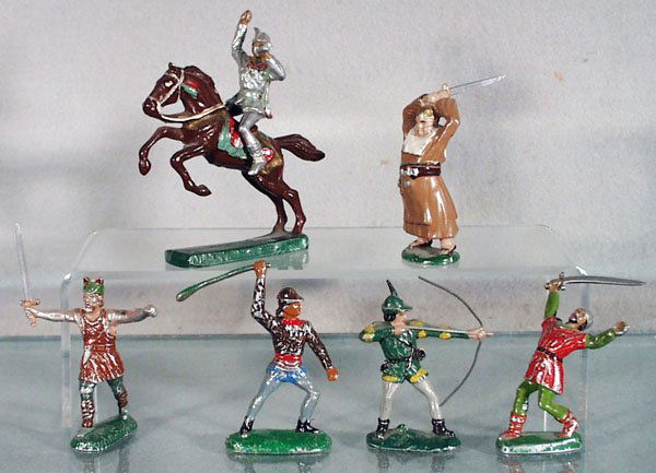 6 KROLYN ROBIN HOOD FIGURES: made in Denmark, aluminum, the mounted Robin Hood missing sword, wounded figure of Lansquenet is missing its arrow, C4-6.