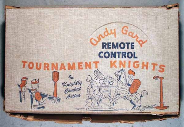 ANDY GARD 142 TOURNAMENT KNIGHTS SET: plastic, battery operated, remote control, untested, includes both knights, jousting spears & 4 posts, both battery boxes clean, orig box & insert some wear & tears, C4-6.